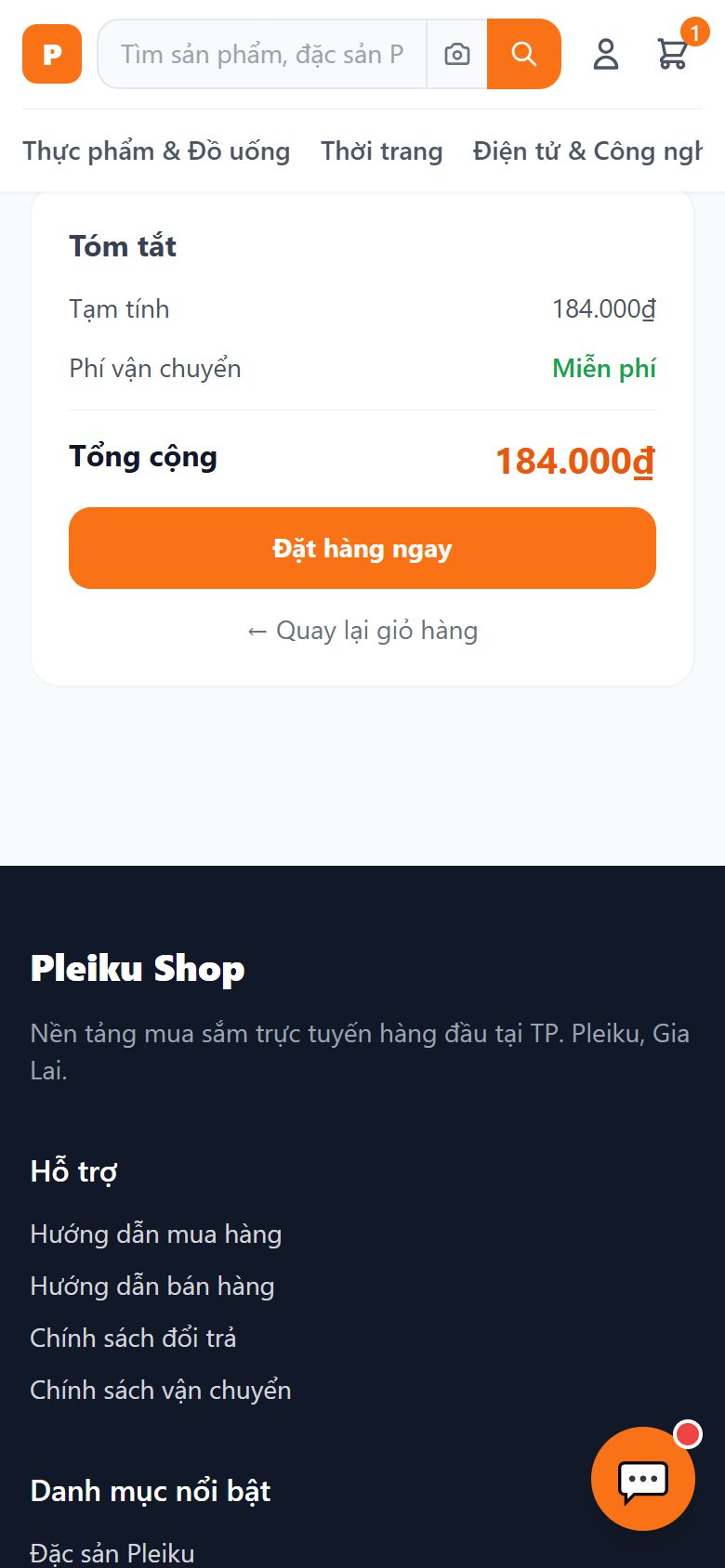 Trang đặt hàng (phần dưới)