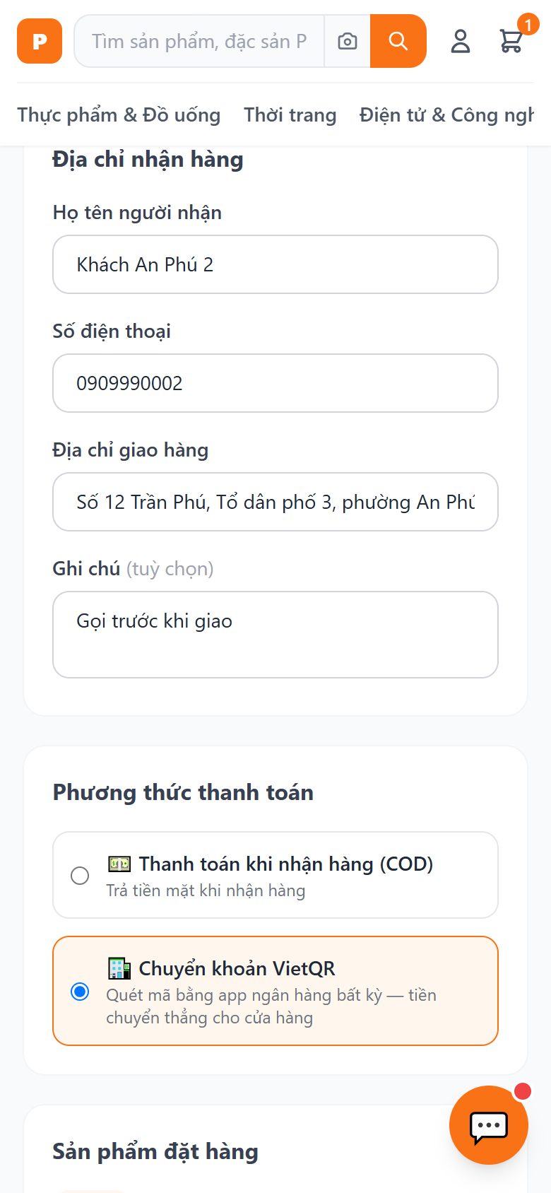 Trang đặt hàng (phần trên)