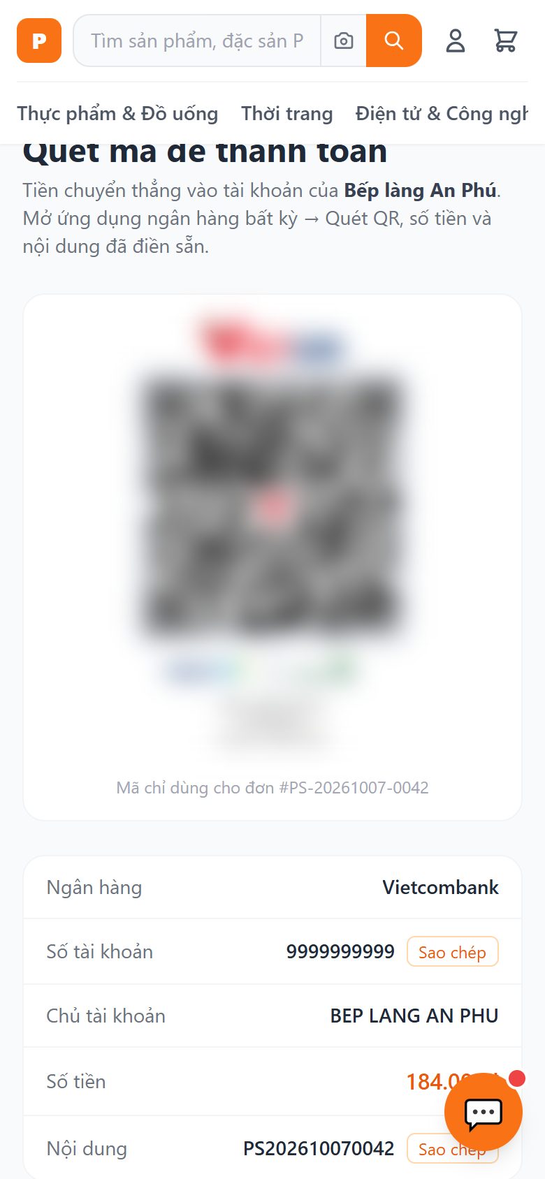 Mã QR của cửa hàng (đã làm mờ)