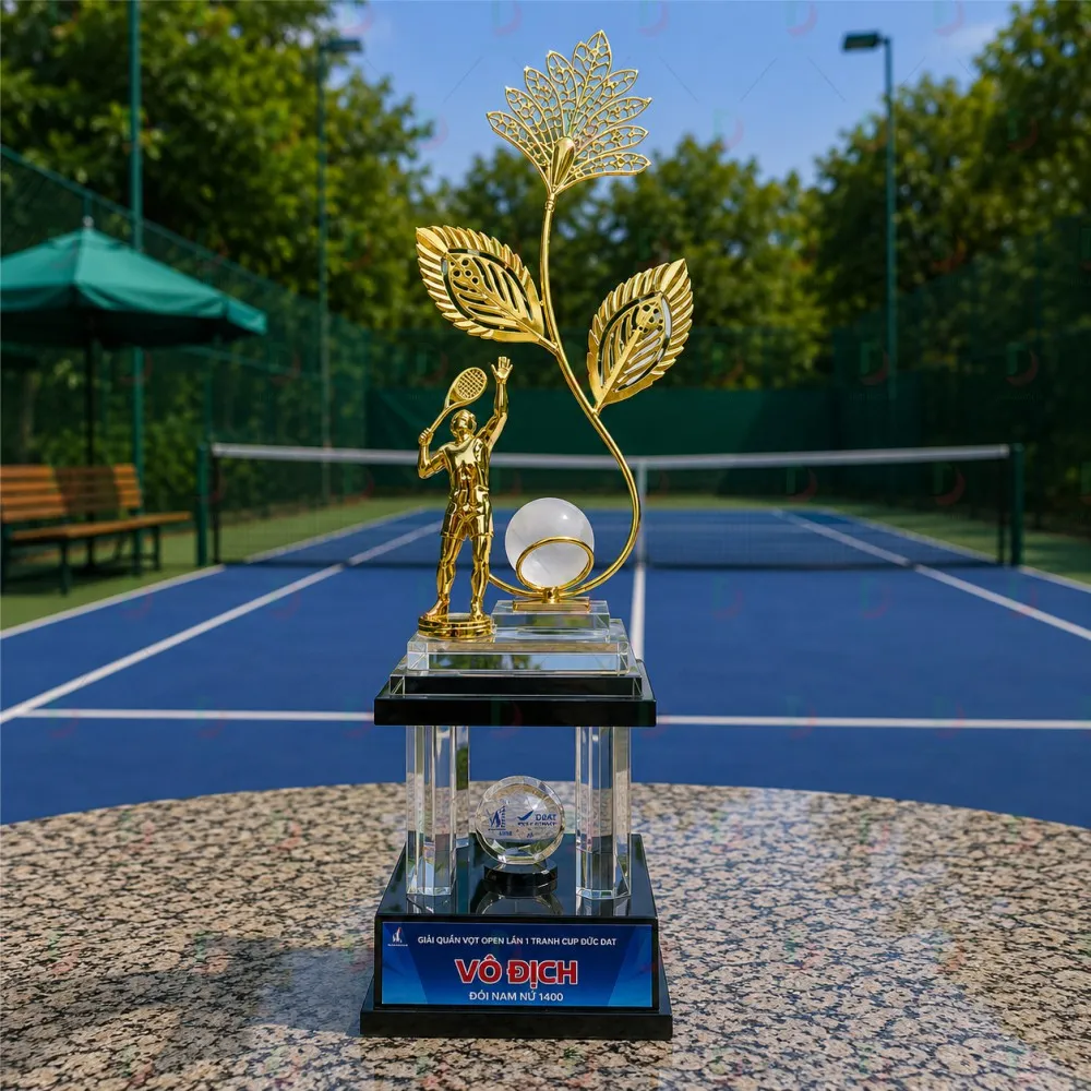 Cúp Tennis 029 – Cúp Pha Lê Cành Lúa Vàng & Tay Vợt 3D Bề Thế