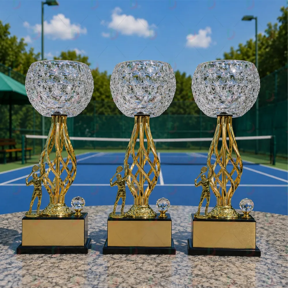 Cúp Tennis 014 – Bộ Cúp Pha Lê Tô Cắt Khía & Thân Xoắn Kim Loại Mạ Vàng