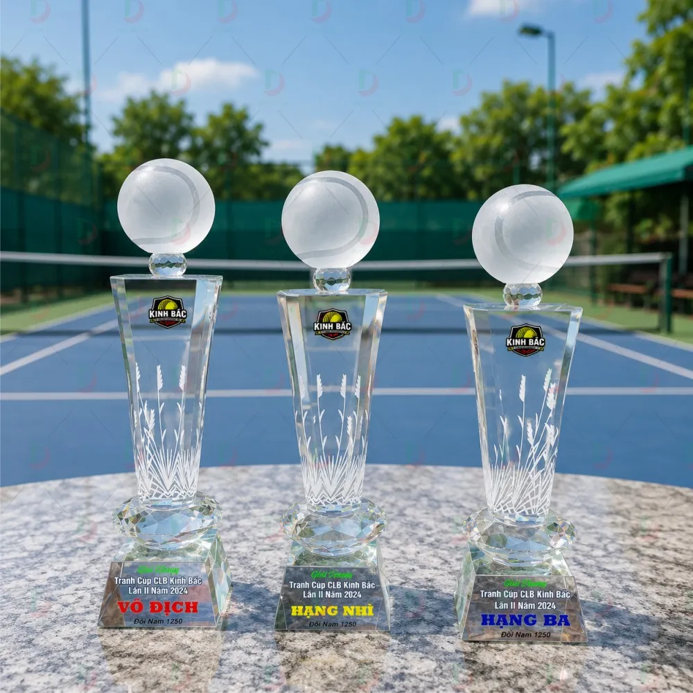 Cúp Tennis 008 – Bộ Cúp Pha Lê Khắc Bông Lúa Tôn Vinh Nhà Vô Địch