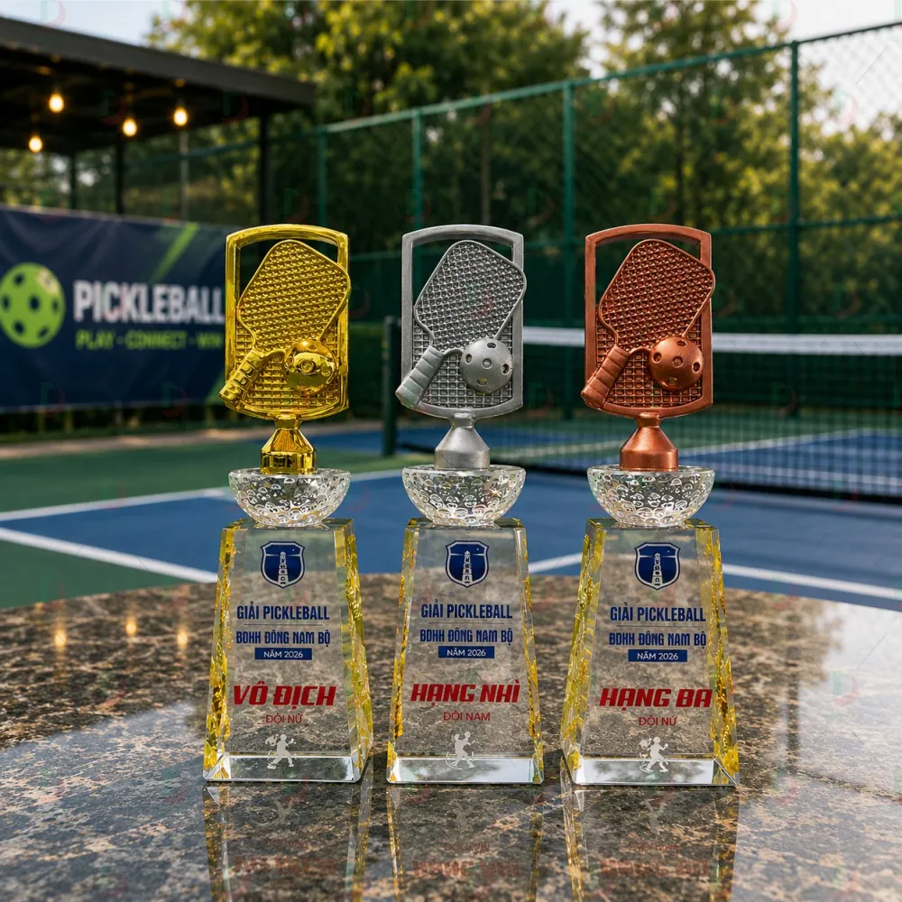 Cúp Pickleball 016 Pha Lê Khối Vàng Bạc Đồng